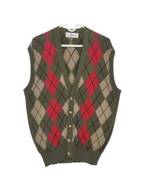 7596 * Clark & Gregory Argyle Sweater Vest Olive Green Red Size L Scotland